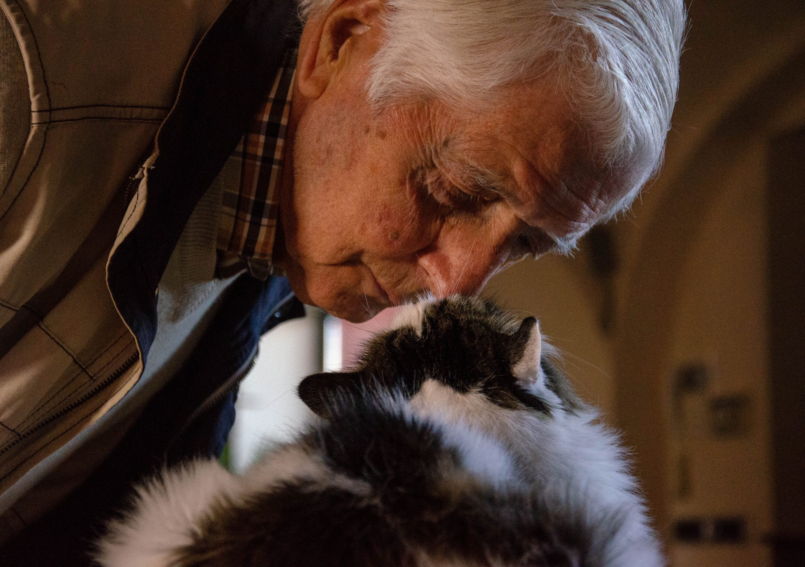senior man nuzzling his cat