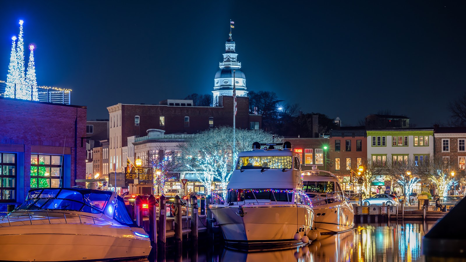 Harbor view in Annapolis, Maryland illuminated with Christmas lights at night